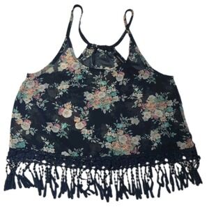 Foreign Exchange Floral Fringe Chiffon Crop Tank Top - Size Small